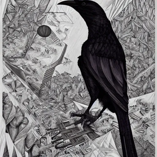 Image similar to a simple crow painting by Android Jones and M. C. Escher collaboration