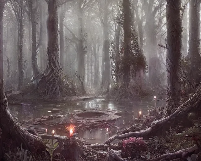 Image similar to a magical forest in the border between the good and the bad, fantasy art, intricate, highly detailed, in the style of greg rutkowski