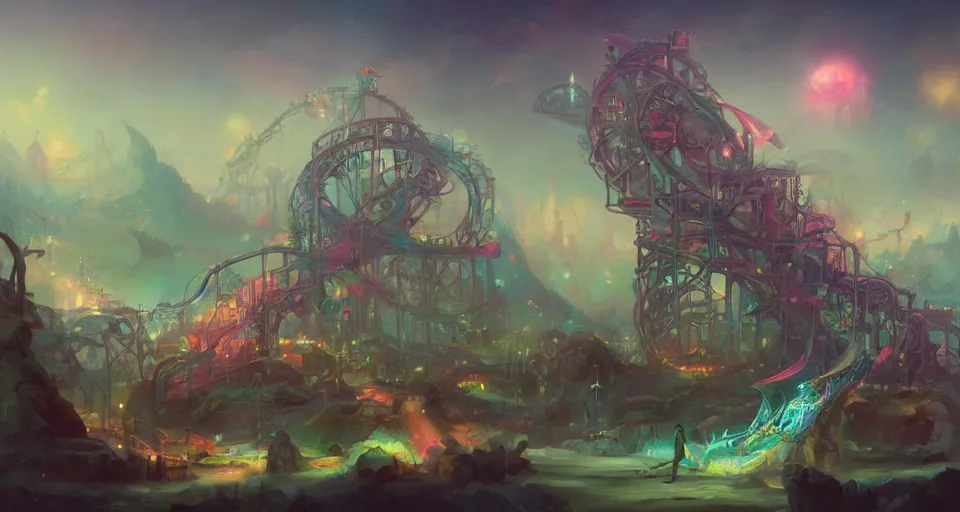 Prompt: a roller coaster with Pastel coloring by peter mohrbacher, vivid colors, matte painting, 8K, concept art, mystical color scheme, trending on artstation