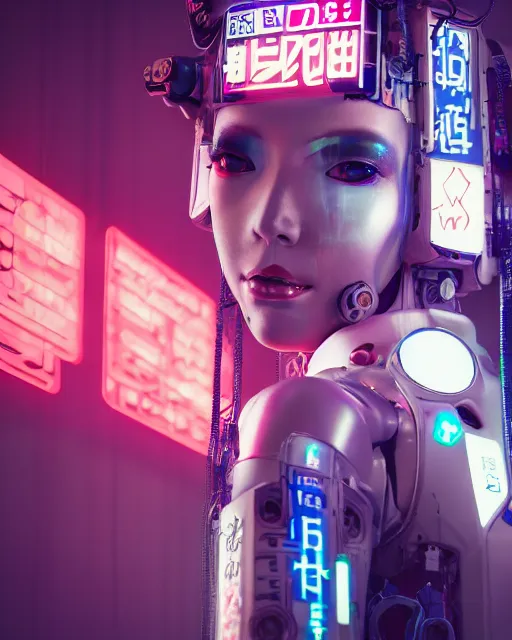 Prompt: a portrait of a beautiful cyberpunk geisha robot, ghost in the shell geisha robot, by rossdraws, by dylan kowalski, motherboard, circuitry, wires, neon lights, micro detail, octane render, sci - fi, intricate, 8 k, cgsociety