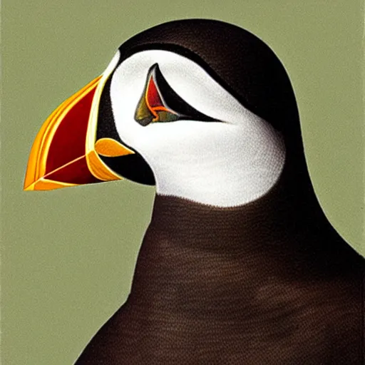 Image similar to “A renaissance style portrait of a puffin in military uniform”