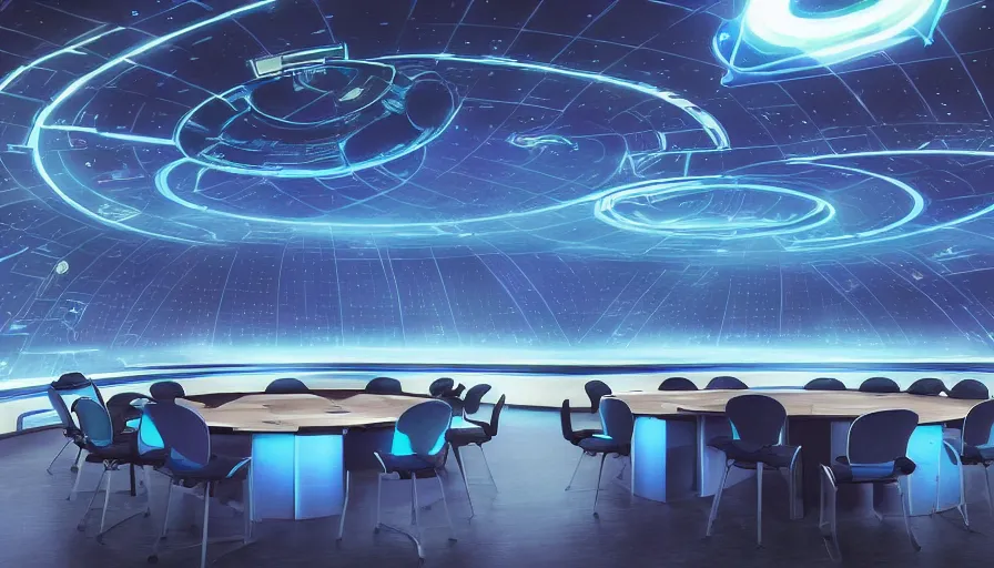 Prompt: a space ship circular meeting room with bright holodesk in the center showing a blue hologram of a solar system, dark people discussing, contrasted light, clair obscur, illustration, clean lines, star wars vibe, by sead mead, by feng zhu!!! by moebius, vivid colors, spectacular cinematic scene