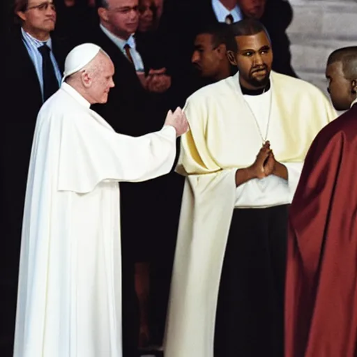 Prompt: photograph of john paul ii shaking hands with kanye west