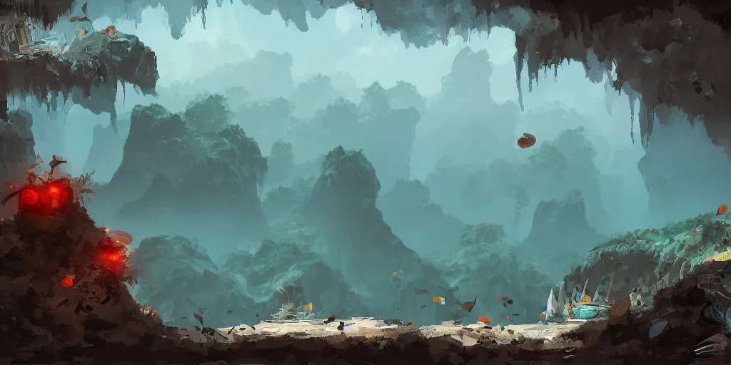 Image similar to vietnamese sunken cave scene, 2 d game art background, level design, muted colors, in style of lam manh