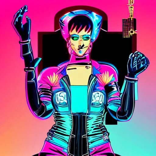 Prompt: synthwave cyberpunk girl detailed cybernetic face teardrops wearing latex biker catsuit holding a sitting on a stack of speakers in the back of a blue 1967 chevy camero, pink blue and red in a neon city in the style of a comic book sunset city