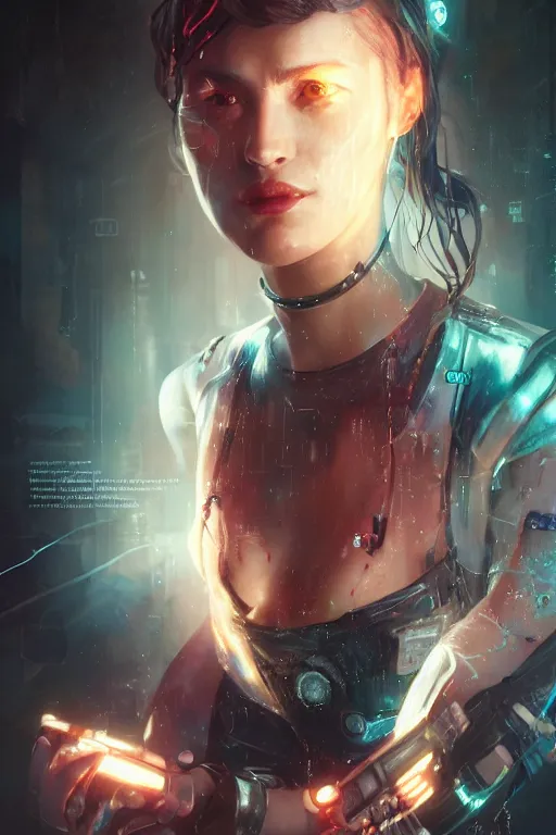 Image similar to A cyberpunk female heroine character portrait with a mild facial rash, prosthetic arm, and flowing ribbons of light pouring into her, cinematic lighting, hyper-detailed, cgsociety, 8k, high resolution, in the style of Charlie Bowater, Tom Bagshaw, Alexis Franklin, Elena Masci, Pawel Rebisz