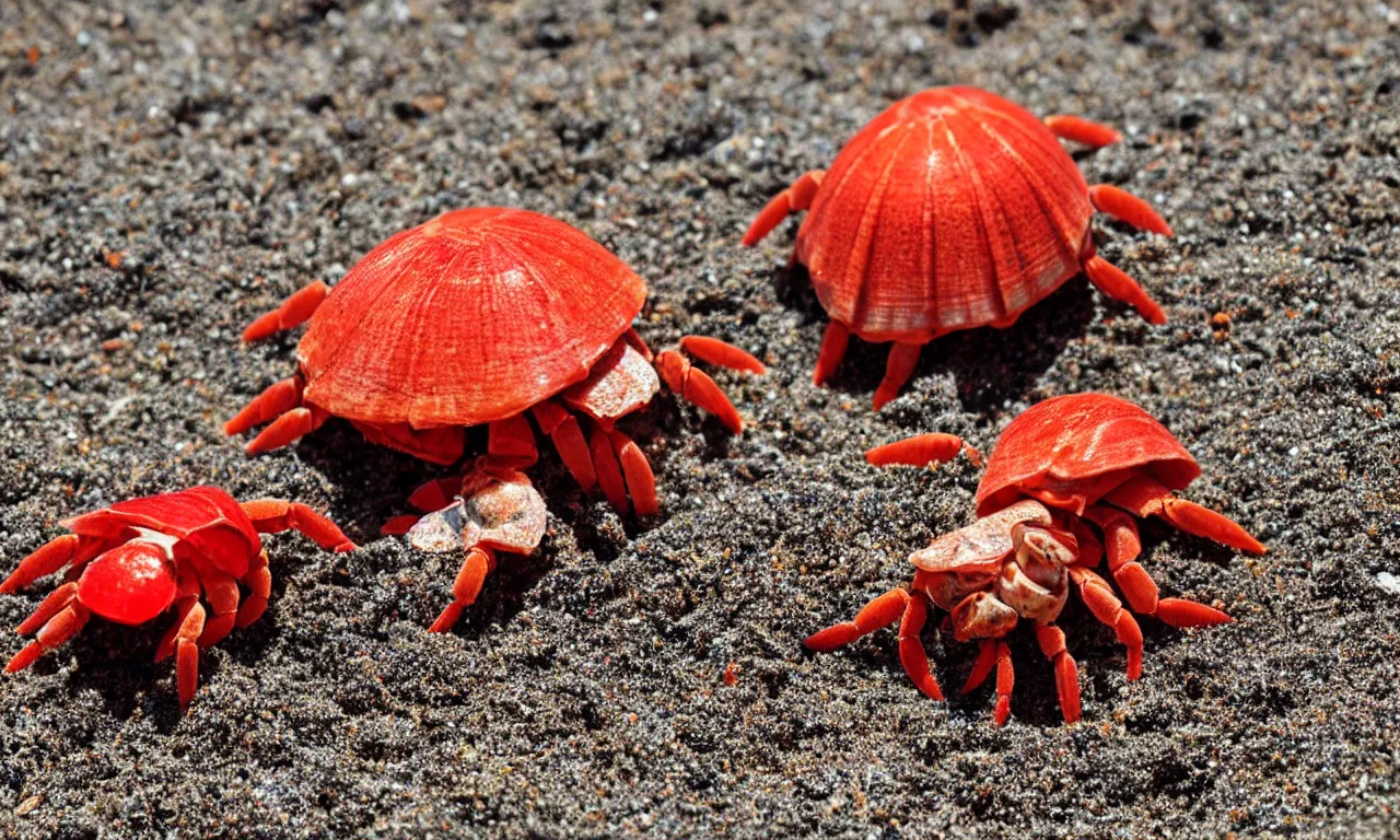 Prompt: a red cute hermit crab on sandy beach, cartoon