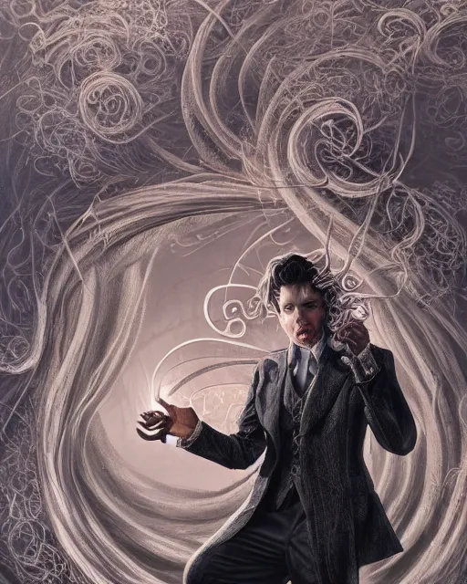 Image similar to a highly detailed portrait of devious male magician radiating a powerful energy aura, ornate back tuxedo, wispy tendrils of smoke, swirling vortex of energy, performance art, intricate, digital painting, old english, raining, sepia, particles floating, whimsical background by marc simonetti, artwork by liam wong