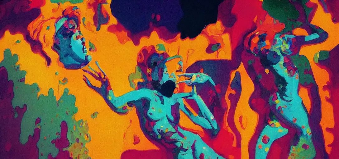 Prompt: a colorful vibrant full body shot of st vincent licking a tab of lsd acid on her tongue and dreaming psychedelic hallucinations, by moebius, edward hopper and james gilleard, zdzislaw beksinski, steven outram colorful flat surreal design, hd, 8 k, artstation