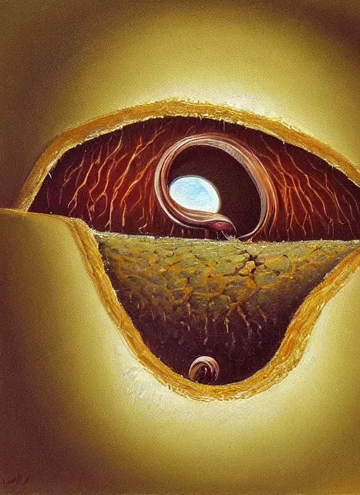 Image similar to Oil painting - a regular earthworm with a tiny little crown peeking out form a hole, Masterpiece, Wolfgang Lettl highly detailed, hints of Yayoi Kasuma