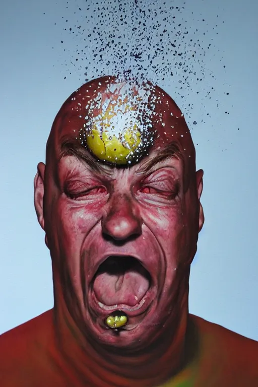 Image similar to hyperrealism surrealism acrylic painting, aerosol splashes on paper, close - up portrait of bowling ball - man