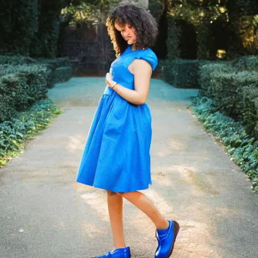 Image similar to a beautiful young woman in a blue elmer dress + sparkling ruby shoes on her feet + sense of wonder