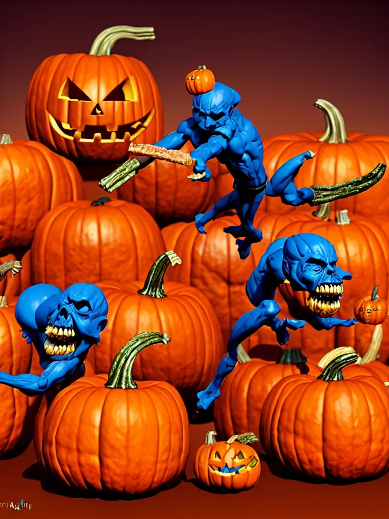 Image similar to hyperrealistic rendering, epic pumpkin overlord battle by art of skinner and richard corben and jeff easley, product photography, action figure, sofubi, studio lighting, colored gels