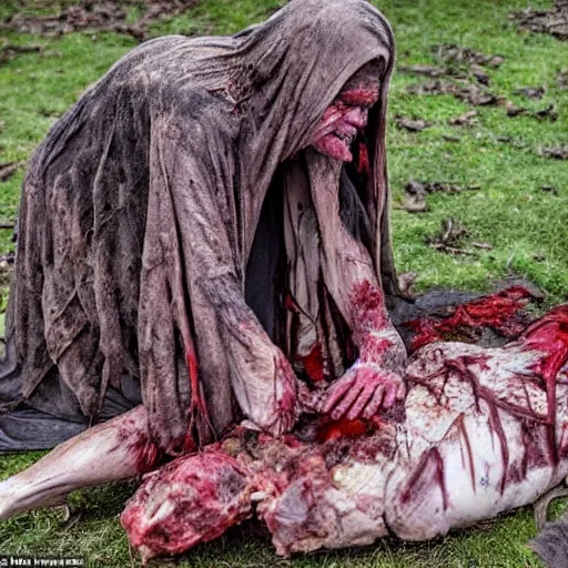 Prompt: an elder witch covered in decaying ragged robes hunched over a corpse showing meat and muscle and bone and blood creepy photo