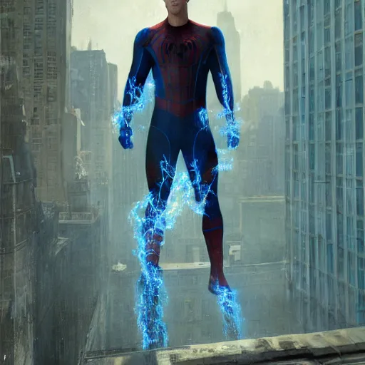 Image similar to ryan reynolds as spider - man, wearing a black and blue suit, cinematic, volumetric lighting, f 8 aperture, cinematic eastman 5 3 8 4 film, photorealistic by greg rutkowski, by stanley artgerm, by alphonse mucha