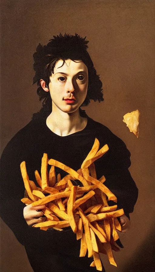 Image similar to hyperrealistic still life painting of a young man with a basket of fries, by Caravaggio, botanical print