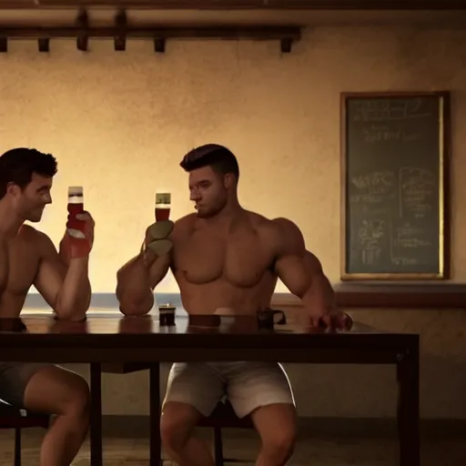 Image similar to cinematic scene with attractive muscular male and another attractive muscular male, drinking their hearts out, in the pub, very detailed, volumetric lighting, still frame