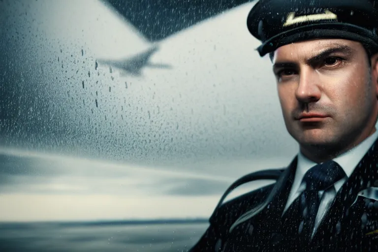 Image similar to an ultra realistic, cinematic, headshot portrait, of an airline pilot, wind, facial features, background of a boeing 7 4 7, with clouds and rain, detailed, deep focus, movie still, dramatic lighting, ray tracing, by michal karcz and yoshitaka amano