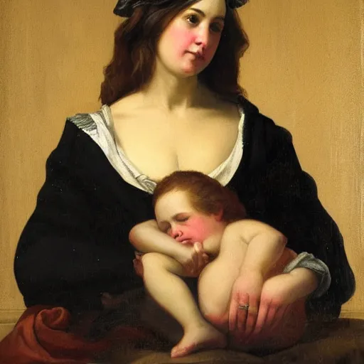 Image similar to Painting in the style of roberto ferri of a mother holding her kid