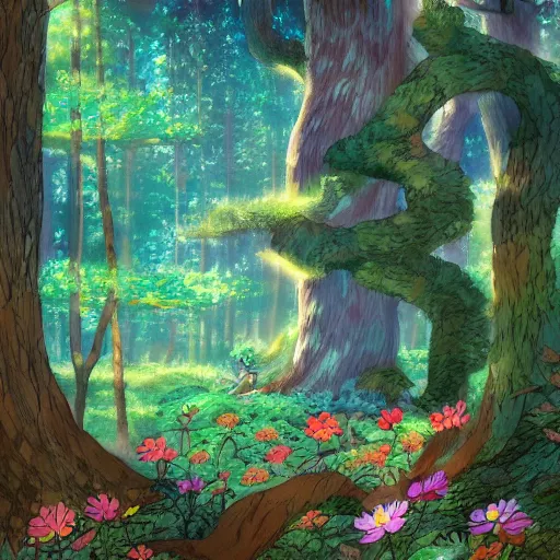 Prompt: a bright and warm forest, fantasy art, 2 d game art, by studio ghibli