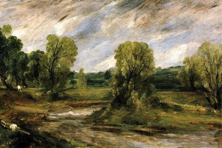 Image similar to ‘ a painting of a pastoral country landscape with a river by john constable ’