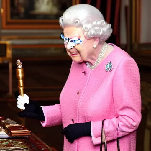 Image similar to Queen Elizabeth using a bong