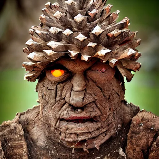 Prompt: pine cone headed man with clear blue eyes very angry, rule of thirds, super sharp, low resolution, ultra detailed.