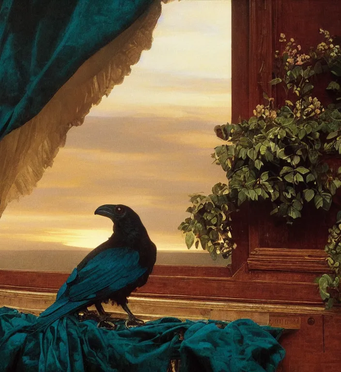 Image similar to a beautifully photoreal clear detailed victorian portrait of a close up raven on a victorian windowsill with an ornate velvet dark teal curtain at beautiful sunset daytime nature sunlit painting by frederic leighton and turner and rosetti and morris, 8 k, octane render