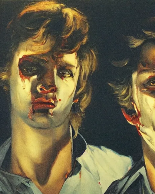 Prompt: two handsome but sinister young men wearing linen shirts in layers of fear, with haunted eyes and wild hair, 1 9 7 0 s, seventies, wallpaper, a lot of blood, moonlight showing injuries, delicate embellishments, painterly, offset printing technique, by brom, robert henri, walter popp