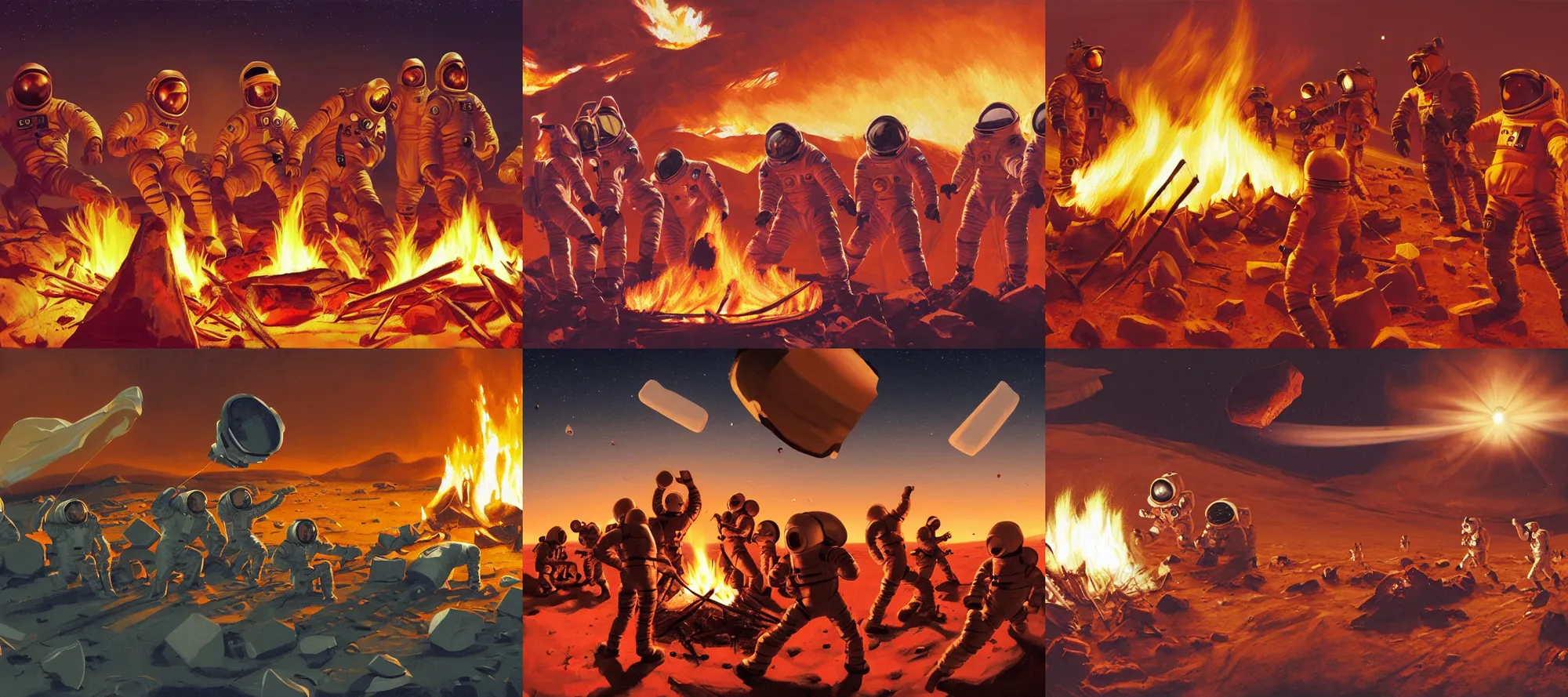 Prompt: incredible screenshot of an a group of astronauts round a campfire on mars, dynamic camera angle, deep 3 point perspective, fish eye, dynamic extreme foreshortening of the marshmallows they are toasting over the fire, by phil hale, ashley wood, geoff darrow, james jean, 8k, hd, high resolution print