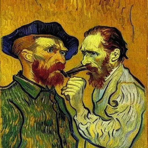 Prompt: vincent van gogh painting vincent van gogh cutting off vincent van gogh's ear, by vincent van gogh