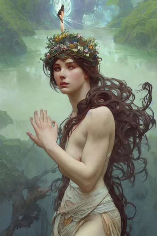 Prompt: goddess of nature, accurate anatomy, only two hands, highly detailed, digital painting, artstation, concept art, smooth, sharp focus, illustration, Unreal Engine 5, 8K, art by artgerm and greg rutkowski and edgar maxence and alphonse Mucha