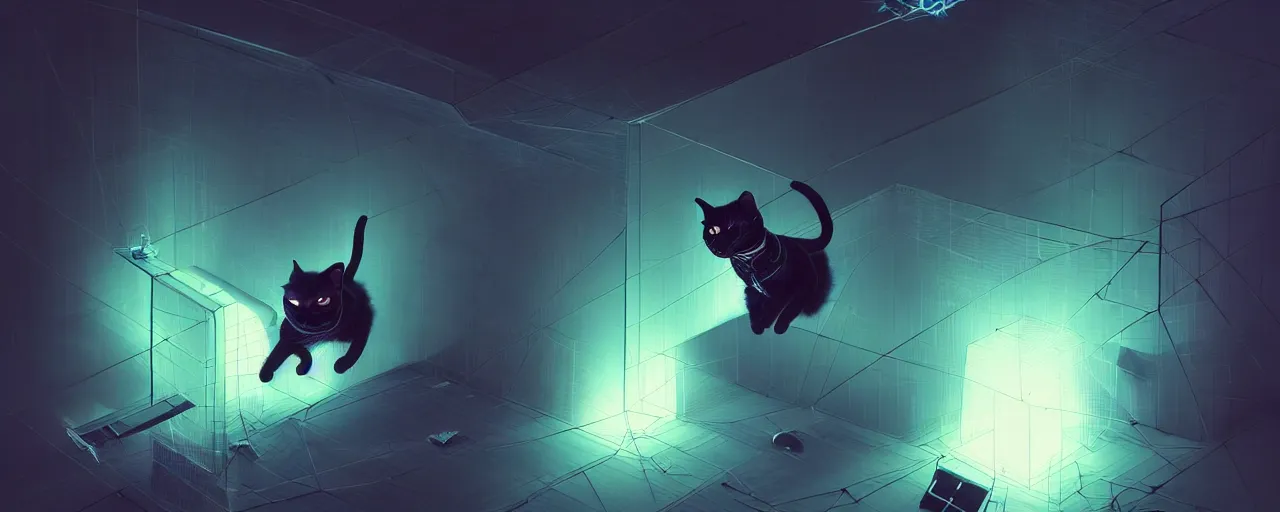 Image similar to duotone noir scifi concept dynamic illustration of 3 d mesh of cat inside box zero gravity glowing 3 d mesh quantum portals, glowing eyes, octane render, surreal atmosphere, volumetric lighting. accidental renaissance. by sachin teng and sergey kolesov and ruan jia and heng z. graffiti art, scifi, fantasy, hyper detailed. trending on artstation