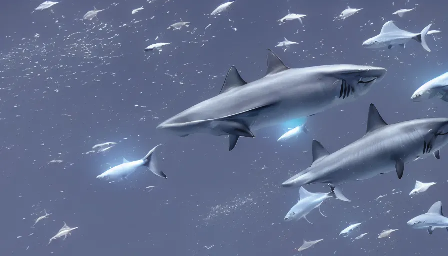 Image similar to highly futuristic school of fish flying through the sky towards an infinite shark god, unreal engine