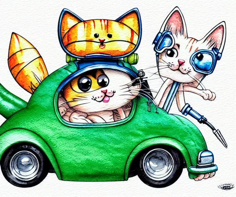 Image similar to cute and funny, kitten wearing a helmet riding in a tiny hot rod with an oversized engine, ratfink style by ed roth, centered award winning watercolor pen illustration, isometric illustration by chihiro iwasaki, edited by range murata, tiny details by artgerm and watercolor girl, symmetrically isometrically centered, sharply focused