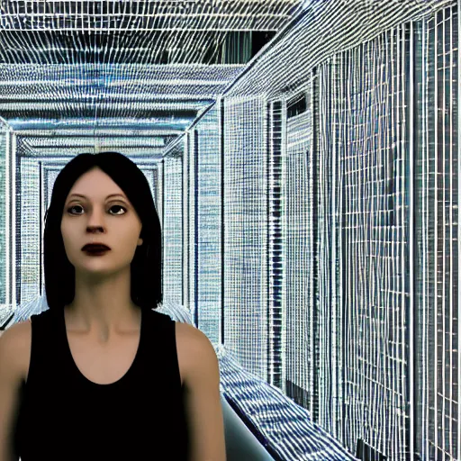 Prompt: chromatic cyborg female discovering her own consciousness in a mirror maze (Unreal Engine, 3D, Reflections, Glossy, Hyer-Realistic, Futuristic, Noise, Gradient)