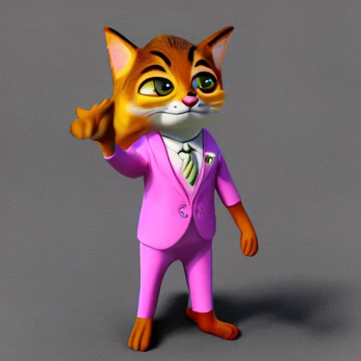 Image similar to 3d render , anthropomorphic cat, wearing a Pink tux, in the style of Zootopia