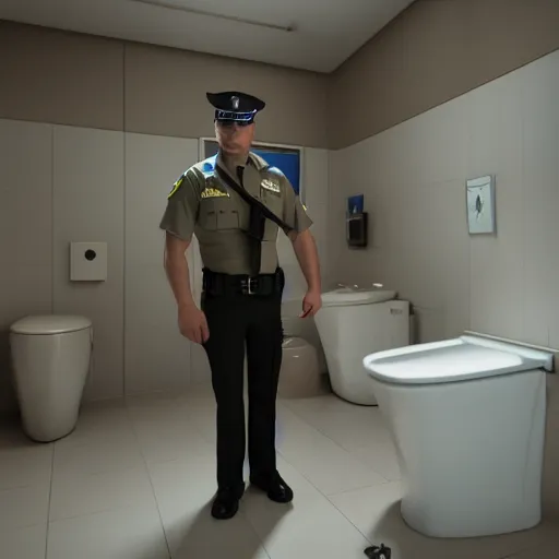 Image similar to a police officer with a plunger, giant toilet in background, giatn toilet, 8 k, cineamtic render by beeple, octane render, photorealistic