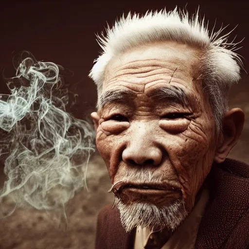 Image similar to mysterious floating old asian man with beard, full face silver occult mask, glowing eyes, wearing a great fractal wooden stick, smoke around him, in the dry rock desert, cinematic shot, wide angle, desert background, volumetric lighting, award winning photography, 8k, in the style of David Lynch, Alejandro Jodorowsky and Gaspar Noe