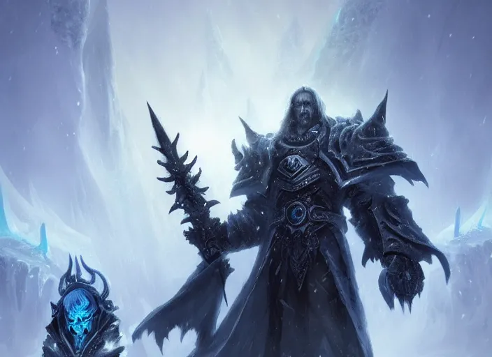 Prompt: the lich king with his mourneblade sitting on the frozen throne artwork by greg rutkowski, trending on artstation