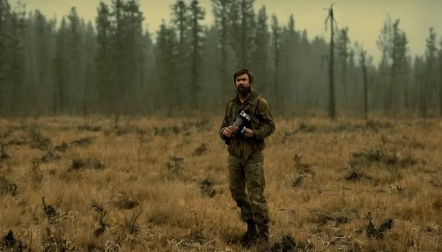 Image similar to lone survivor man holding a radio!! in post - apocalyptic nature landscape. movie screenshot. lush composition by wes anderson, shallow depth of field, cinematic. cinematic composition