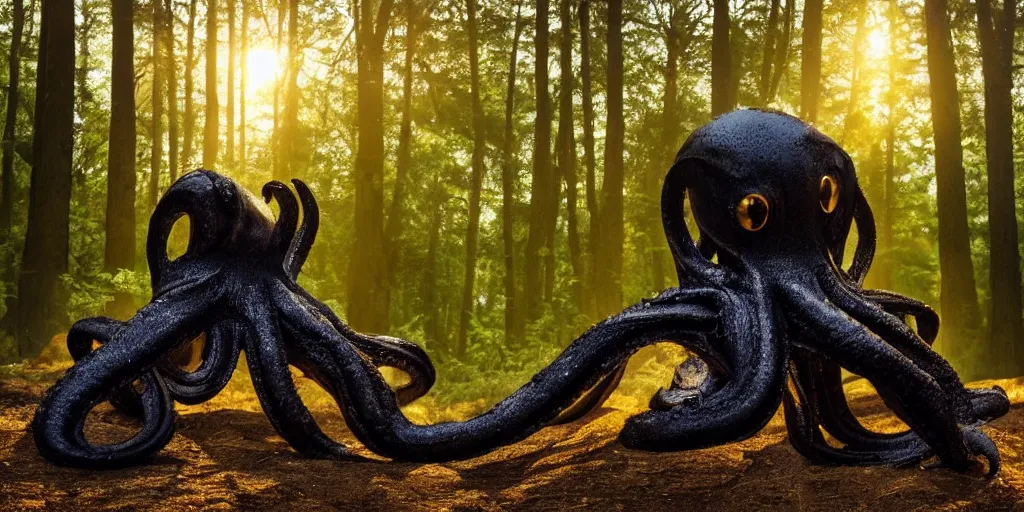 Image similar to a highly detailed giant black octopus god floating in the middle of a forest, beautiful ambient light, sun rays hitting the slightly transparent creature, golden hour, 8k photography