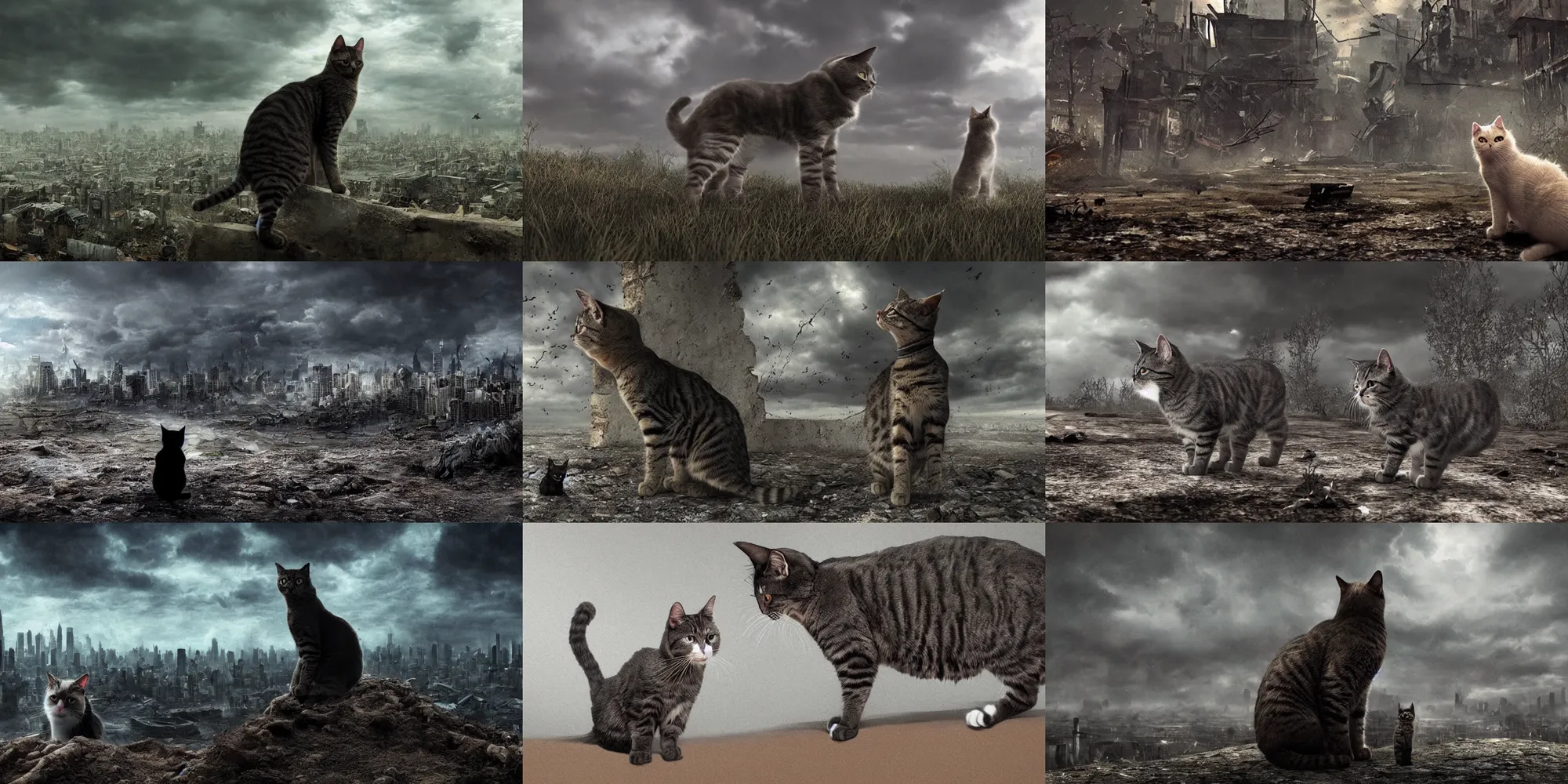 Prompt: A cat looking at whats left of the world, apocalyptic, haunting, ultra realistic, ultra detailed, dark