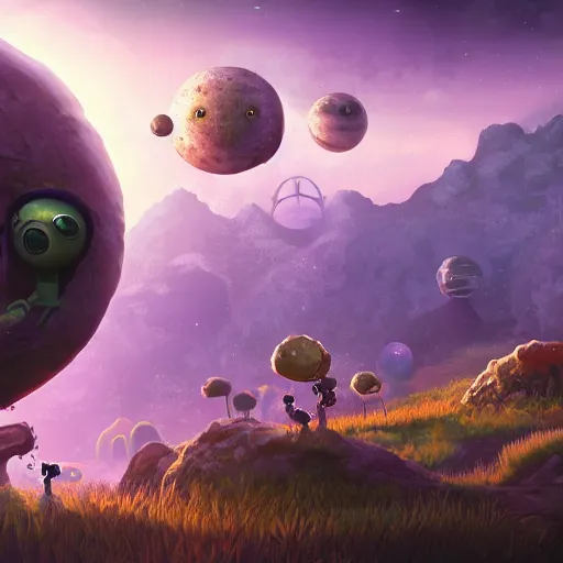 Prompt: masterpiece artwork of cute alien planet with cute aliens on it, au naturel, hyper detailed, digital art, trending in artstation, behance, deviantart, cinematic lighting, studio quality, smooth render, unreal engine 5 rendered, octane rendered, art style by pixar dreamworks warner bros disney