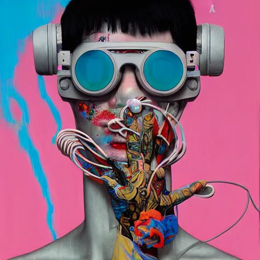 Image similar to Tristan Eaton & Greg Rutkowski, award winning masterpiece with incredible details, Zhang Kechun, a surreal vaporwave vaporwave vaporwave vaporwave vaporwave painting by Thomas Cole of an old pink mannequin head wearing VR goggles with cables and wires coming out of it's neck, highly detailed