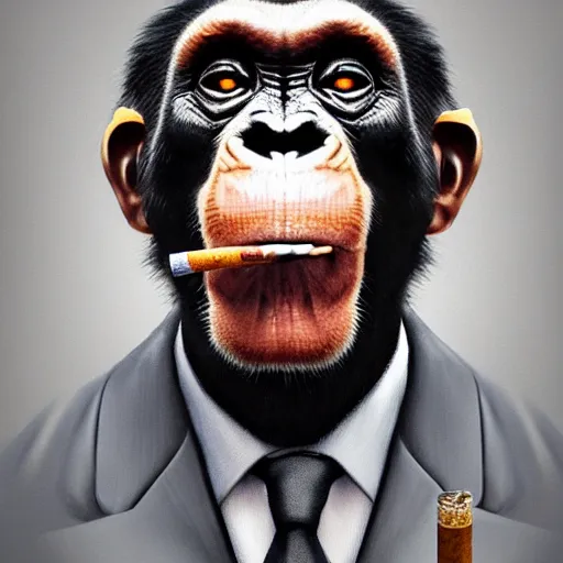 Prompt: a high detail painting of a chimp wearing a suit 👔,and smoking a cigarrette🚬, cgcosiety, artstation, unreal engine, realism