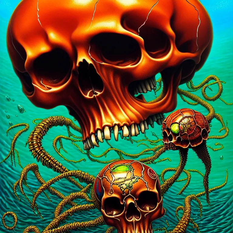 Prompt: a single skull in the sea by dan mumford and vladimir kush and donato giancola and ted withers and peter driben and brom and roberto ferri, glowing red skull, blue jellyfish, green water, highly detailed, high contrast, intricate details, blended palette