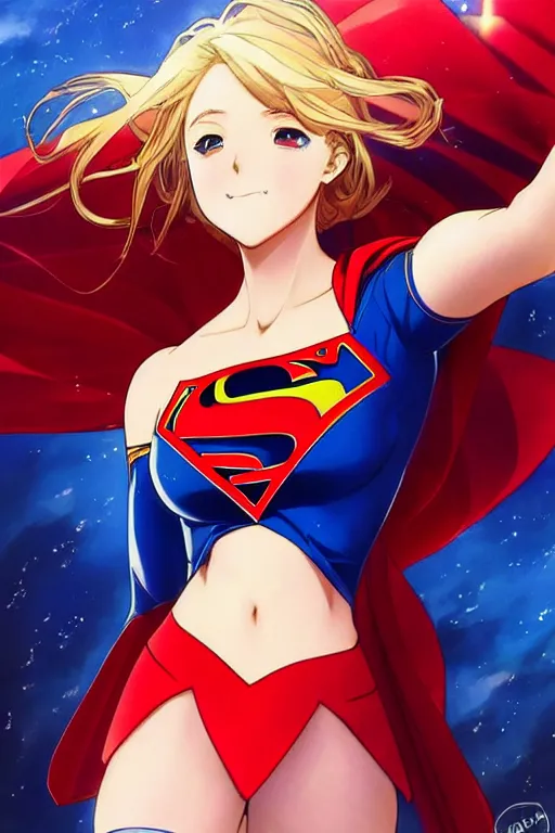 Image similar to anime key visual of a beautiful female supergirl!! intricate, red, blue gold suit, powers, speed, dc comics, cinematic, stunning, highly detailed, digital painting, artstation, smooth, hard focus, illustration, art by artgerm and greg rutkowski and alphonse mucha