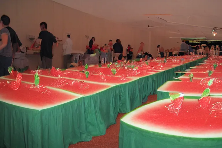 Prompt: 2 0 1 2 watermelon diner, tables repeat endlessly into the horizon, y 2 k cybercore cutecore fruitcore, one point perspective