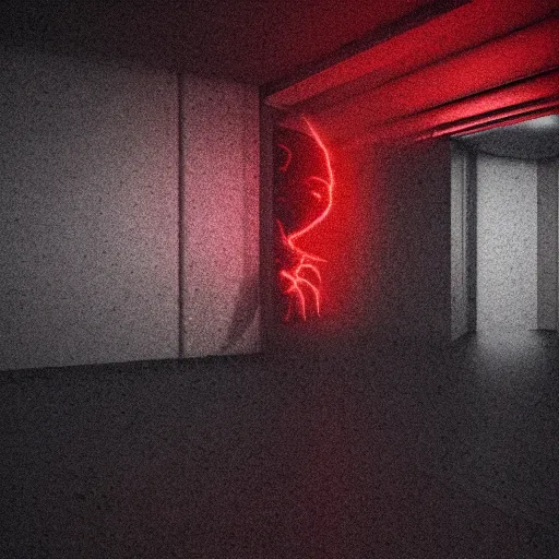 Image similar to cctv of an extremely dark empty room with glowing humanoid cryptid monster made out of static, dark deep black shadows, red and black color contrast in the style of trevor henderson and james ensor goya, liminal space, 3 d octane render, glitch effect